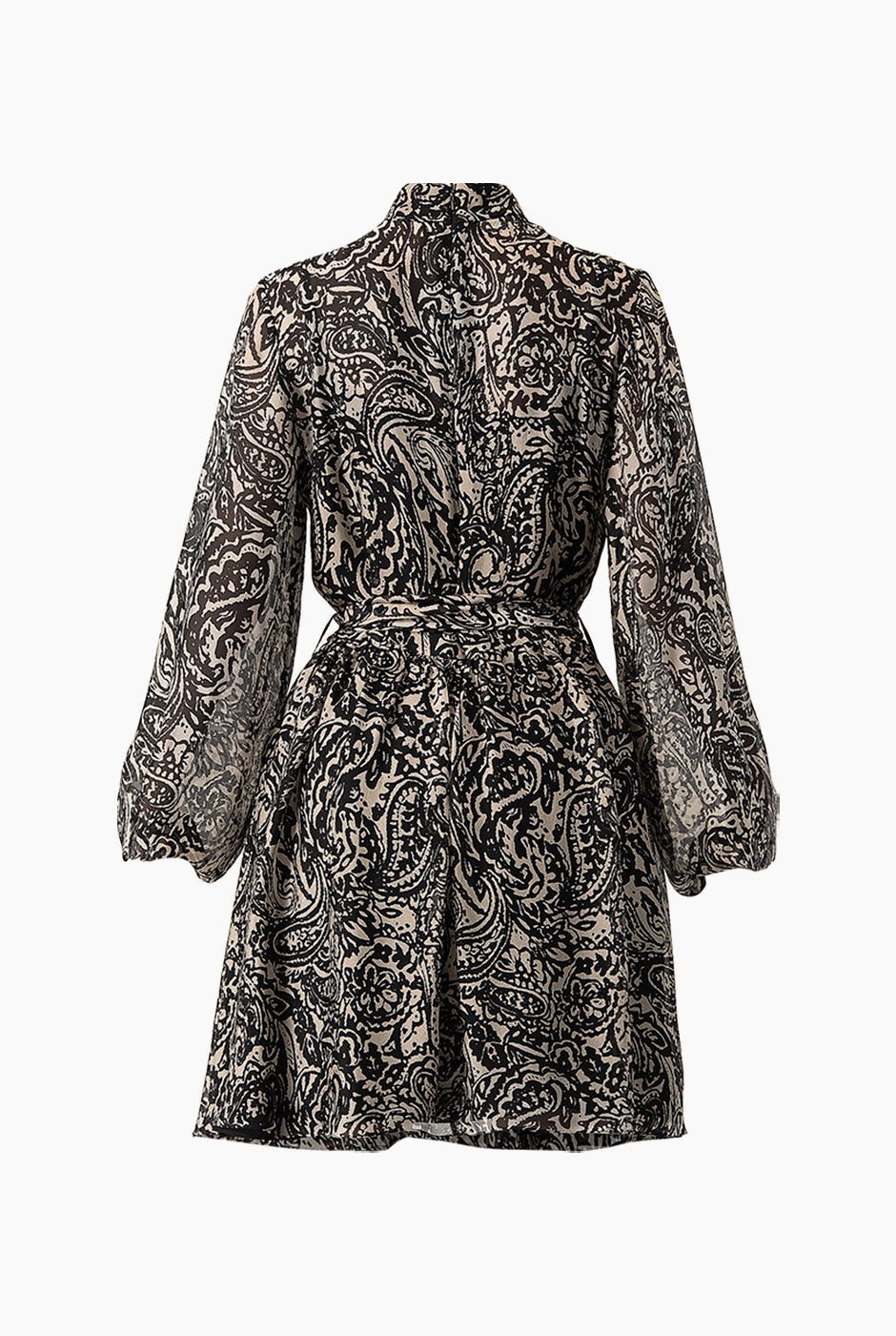 Vestido corto estampado negro con manga larga y cinta