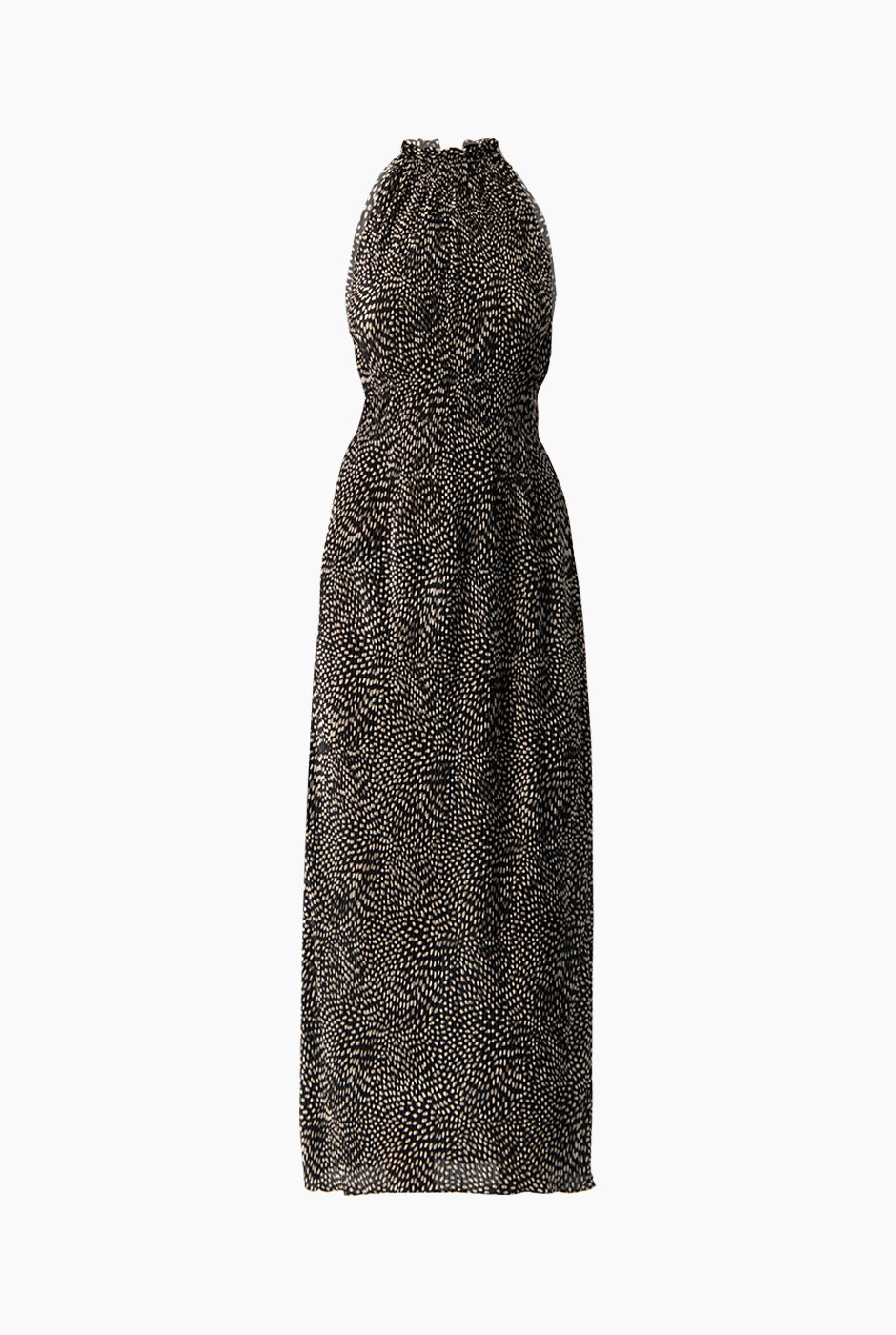 Vestido largo negro plisado con estampado de lunares y cuello halter