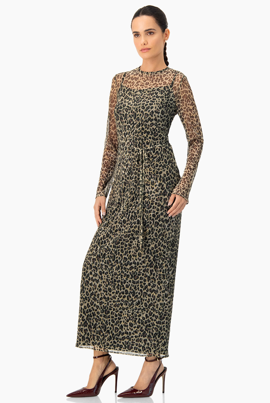 Vestido largo animal print con manga larga y lazo en cintura