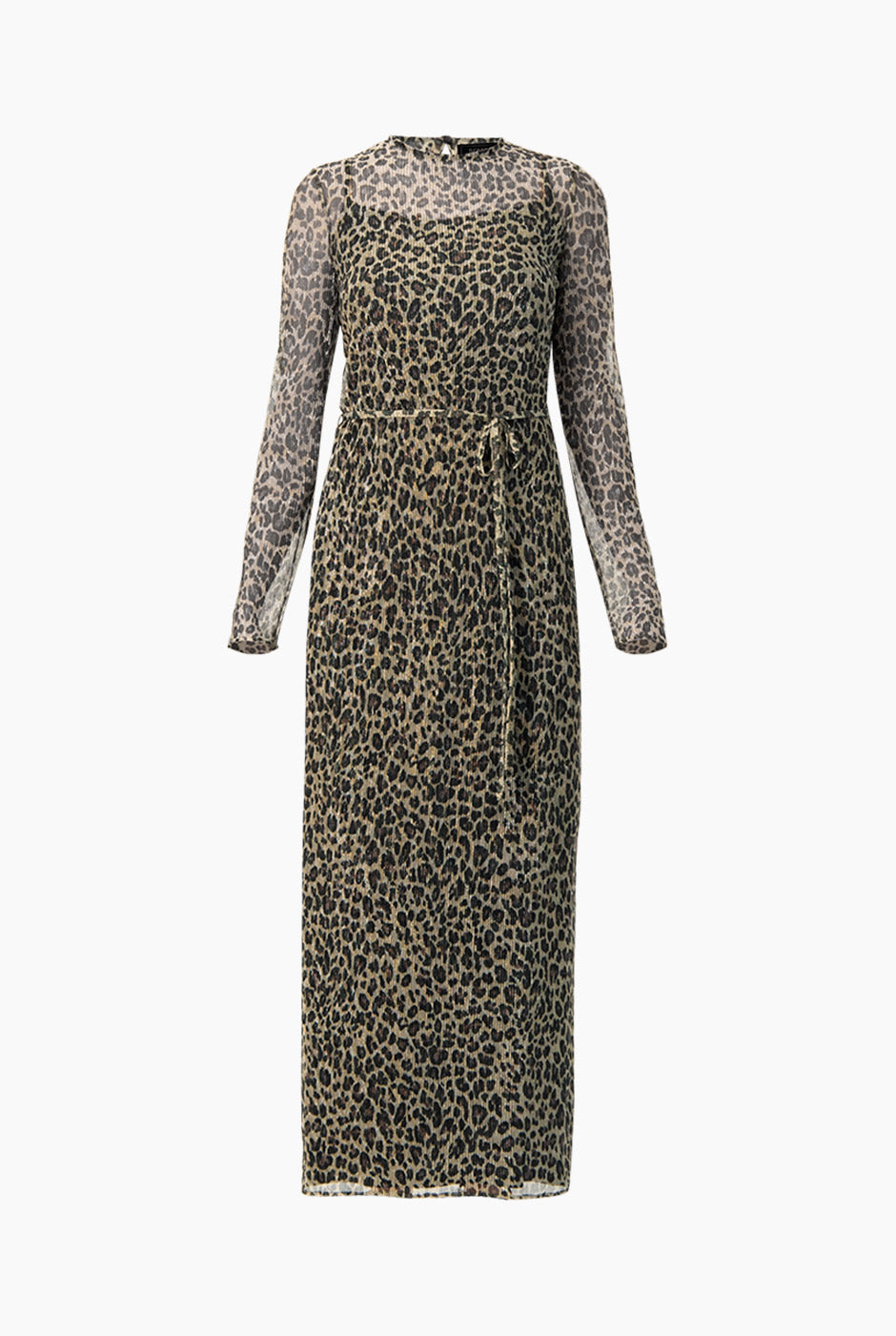 Vestido largo animal print con manga larga y lazo en cintura