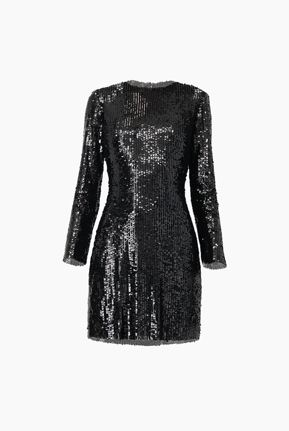 Vestido corto de lentejuelas negro con manga larga y cuello redondo