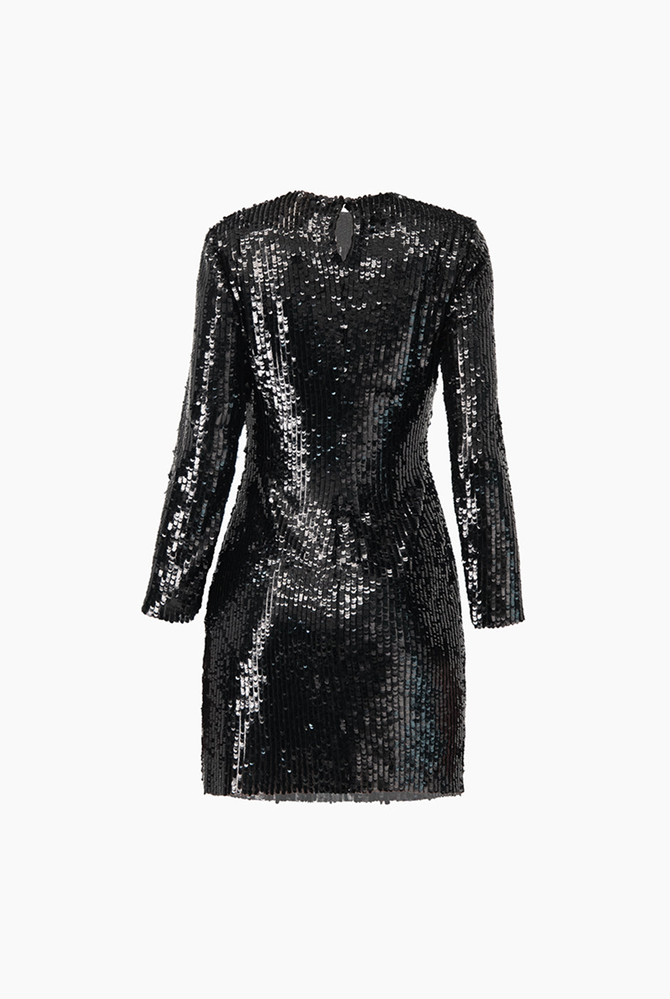 Vestido corto de lentejuelas negro con manga larga y cuello redondo