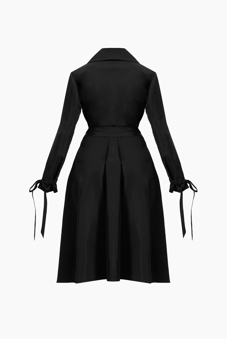 Vestido midi negro cruzado con mangas largas y cinturón