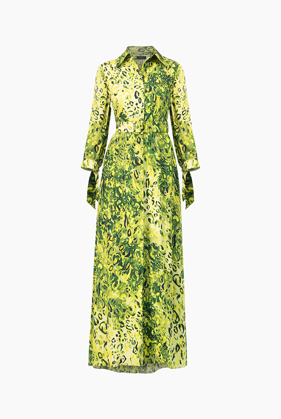 Maxi vestido camisero verde con estampado animal print y cinturón