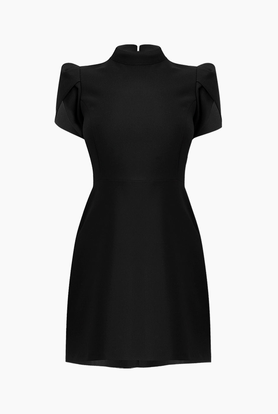 Vestido corto negro con moño trasero y hombreras estructuradas