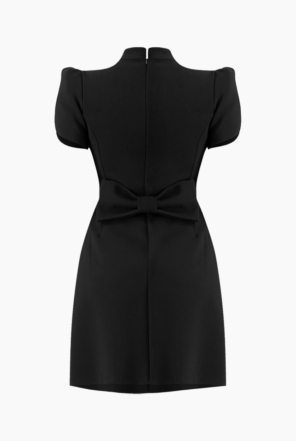 Vestido corto negro con moño trasero y hombreras estructuradas