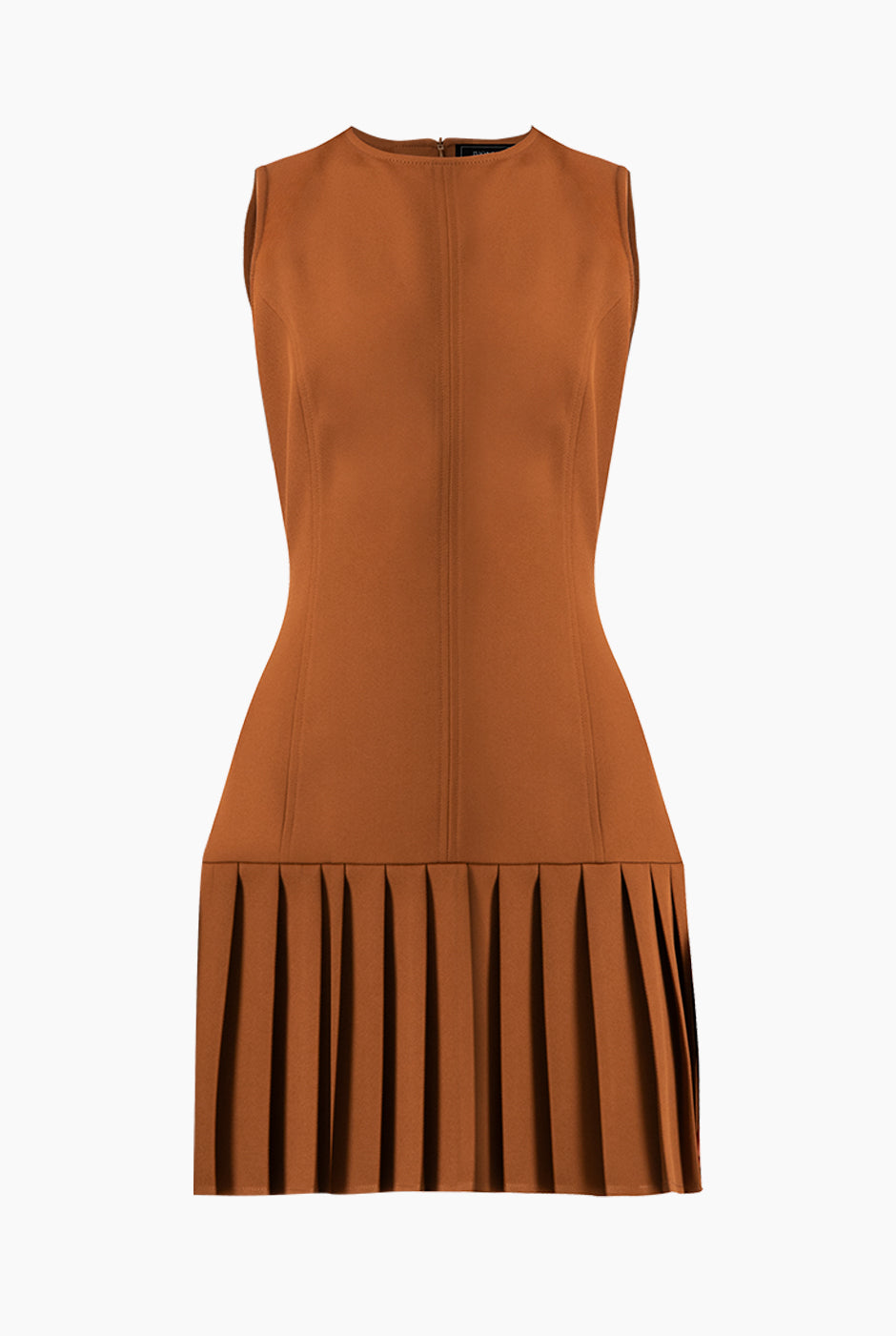 Vestido corto café sin mangas con faldón tableado