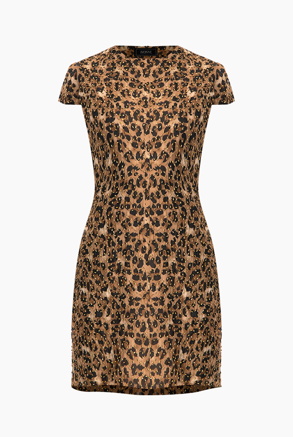 Vestido corto café con estampado animal print y manga corta cap