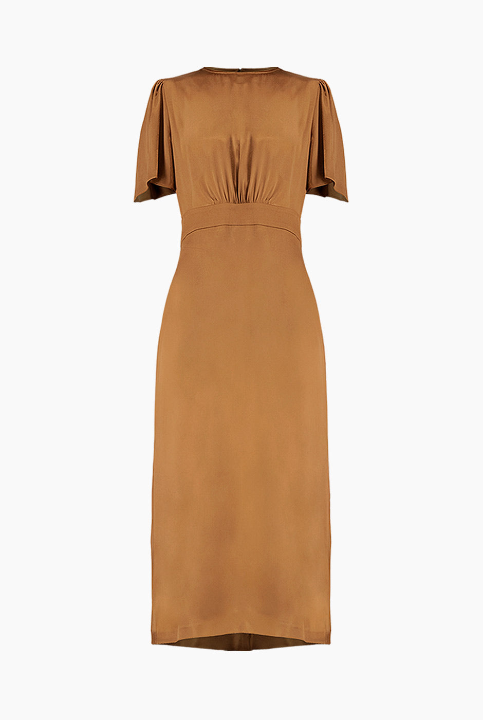 Vestido midi café liso con abertura frontal y manga corta