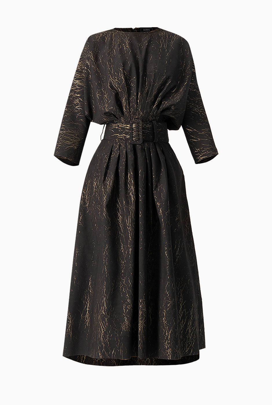 Vestido midi negro con cinturón ancho y estampado dorado