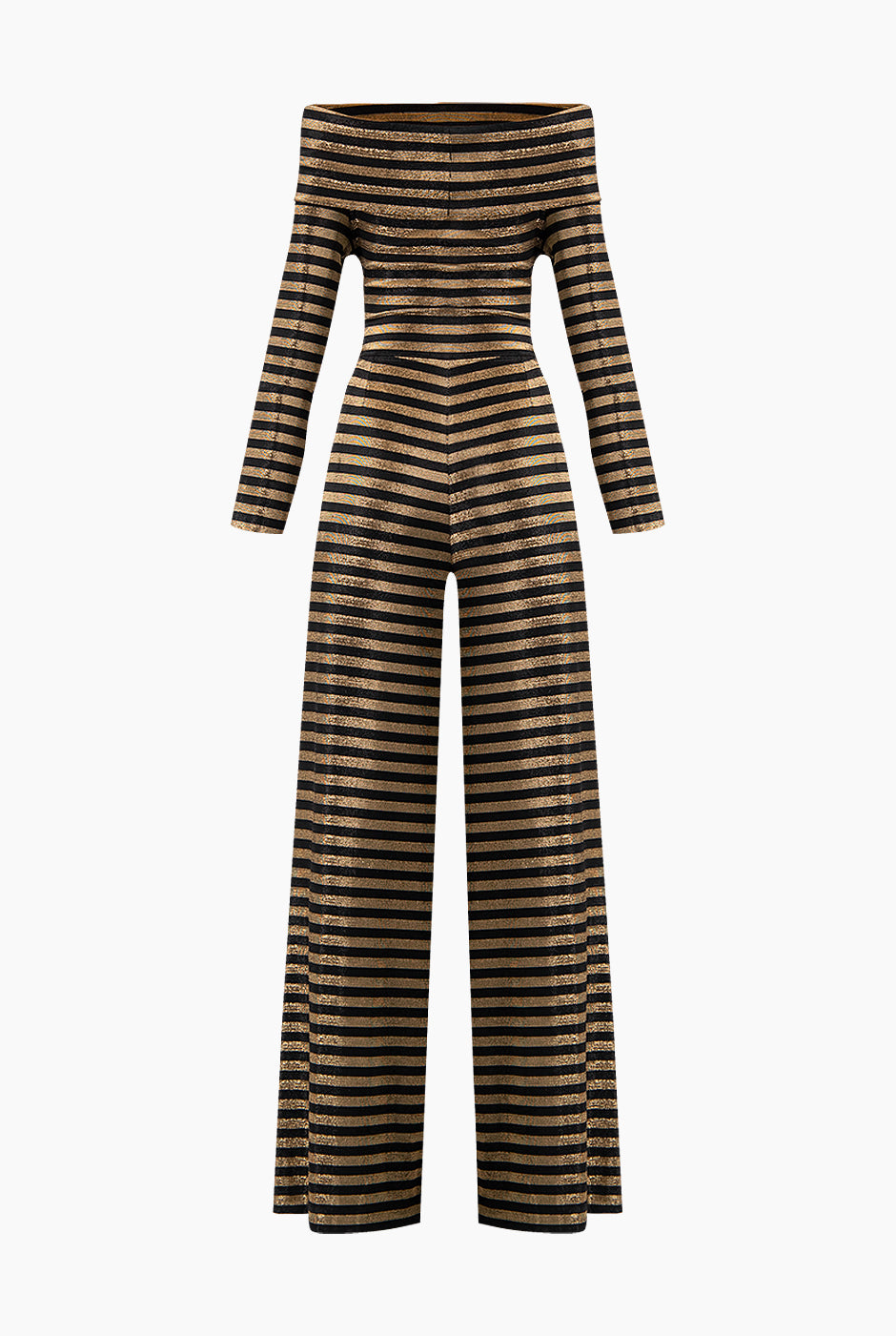 Jumpsuit amplio negro con escote bardot y rayas