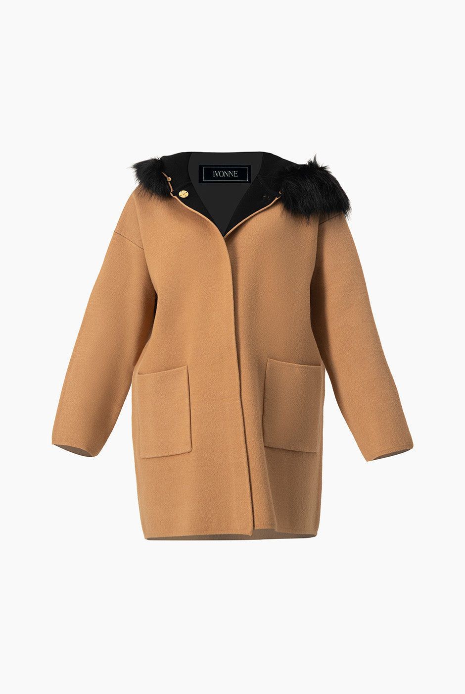 Cárdigan beige con gorro de pelo sintético y bolsillos