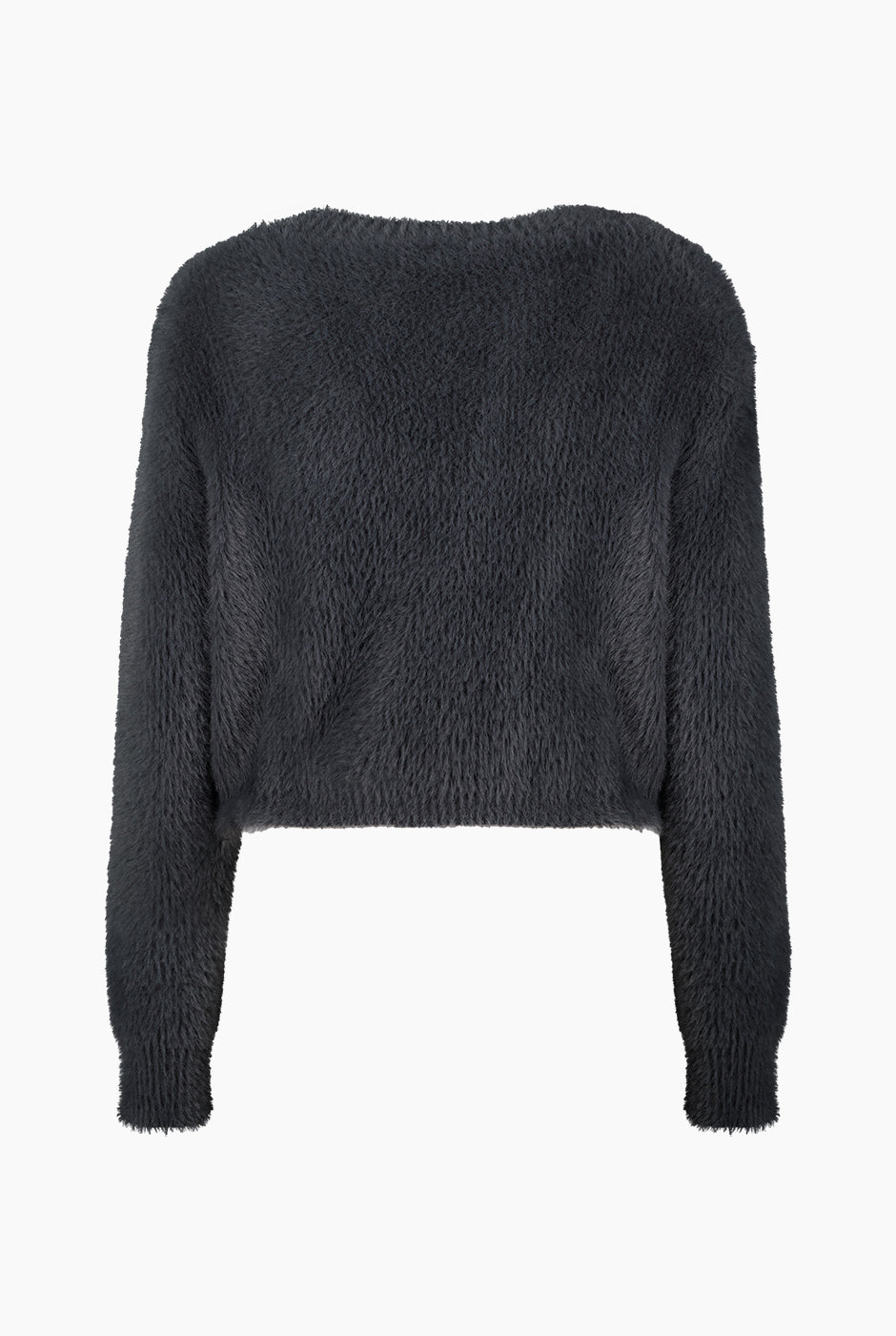 Suéter crop gris con cuello alto y mangas largas