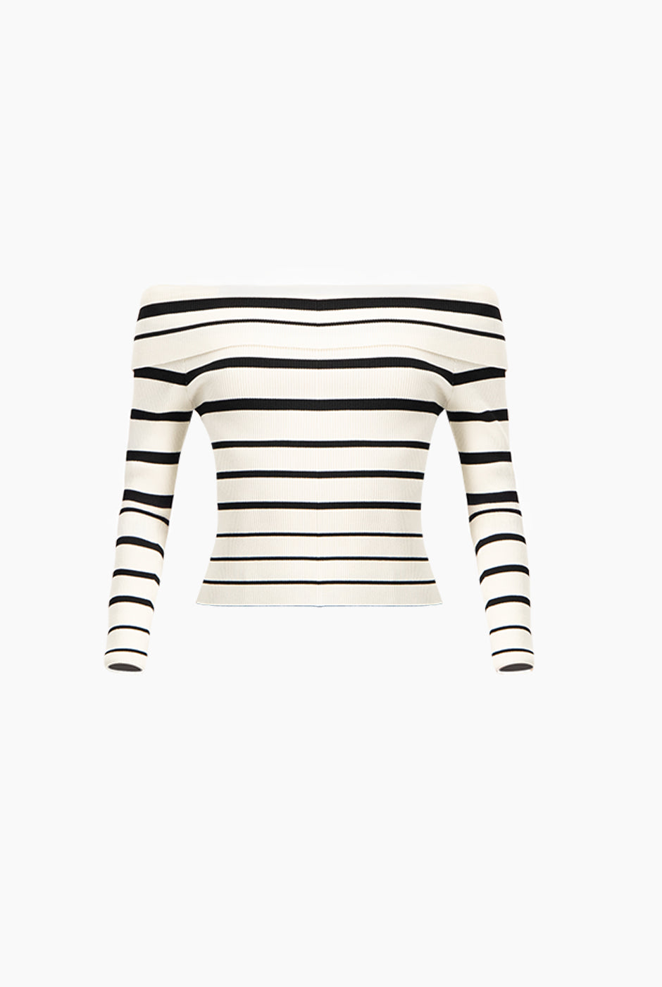 Suéter en tejido acanalado blanco con franjas negras, escote bardot y manga larga