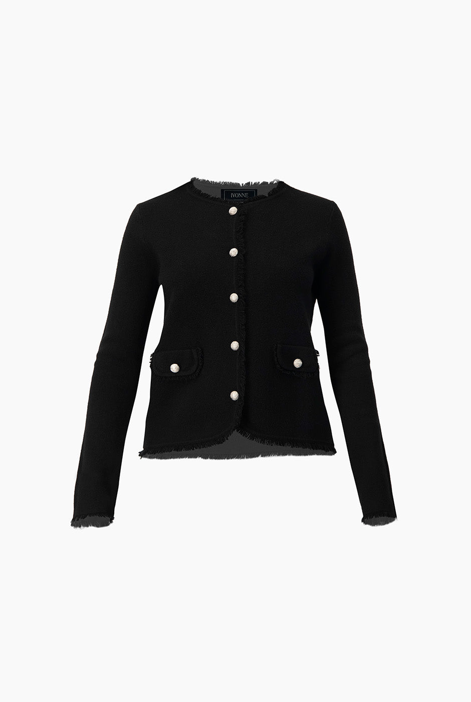 Suéter negro con botones metálicos y bordes decorativos