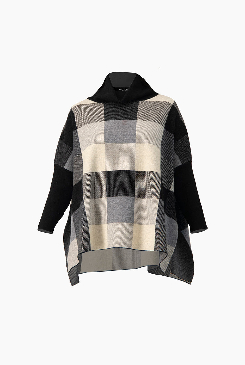 Pullover negro a cuadros con cuello tortuga y costados abiertos