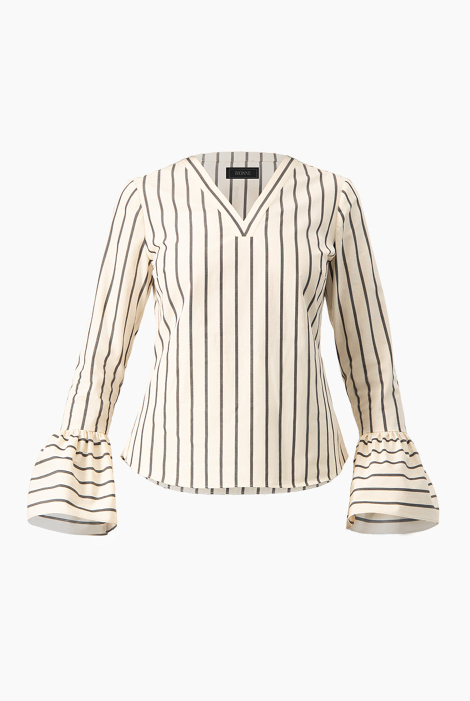 Camisa rayada de manga larga con escote en V y volantes