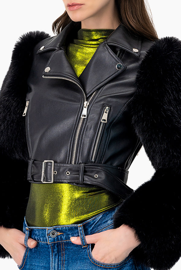 Chamarra PU Con Mangas Faux-Fur