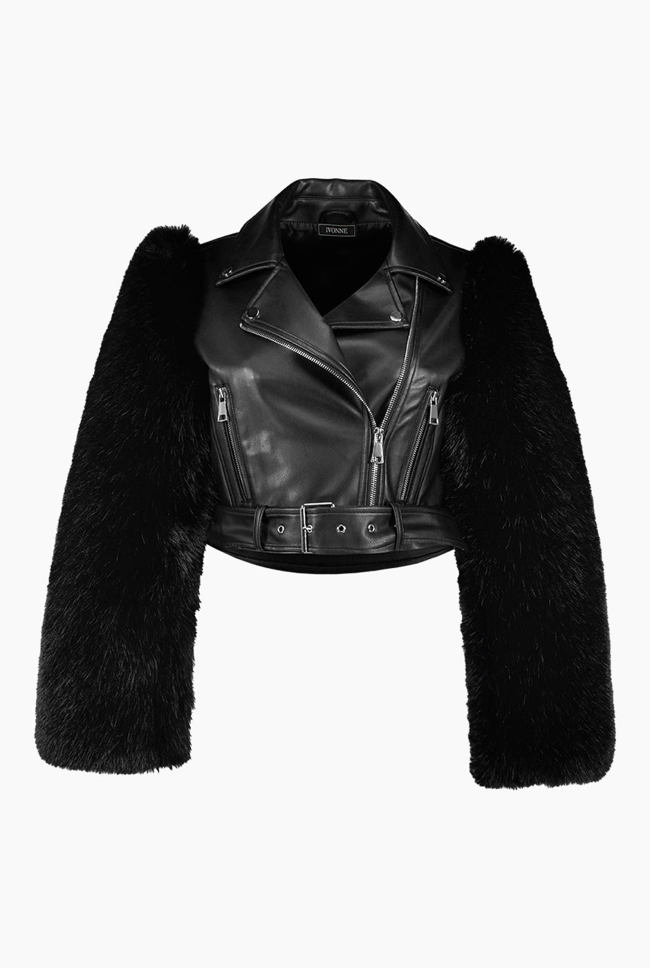 Chamarra negra de ecopiel con mangas de pelo sintético y cinturón