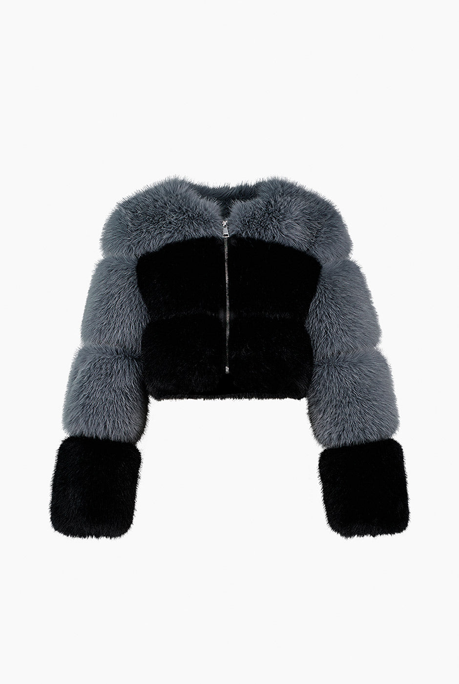 Abrigo corto de pelo sintético bicolor con cremallera frontal