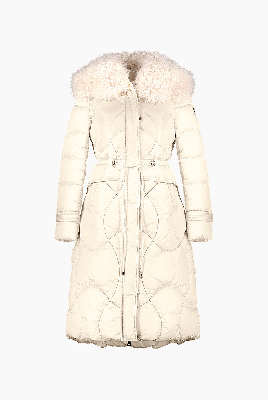 Chamarra Larga Capitoné en color natural con cuello de pelo