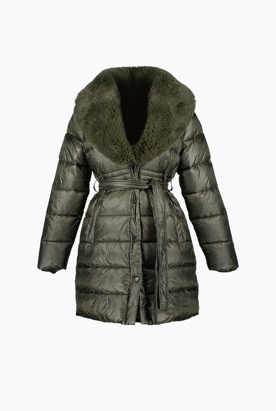 Chamarra capitonada verde con cuello de peluche y cinturón