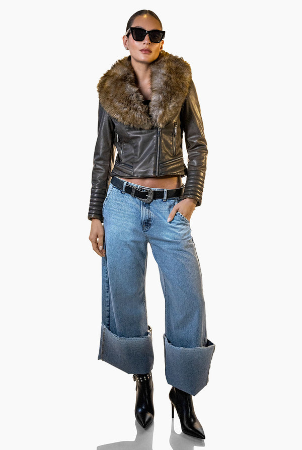 Chamarra PU Cuello Faux-Fur