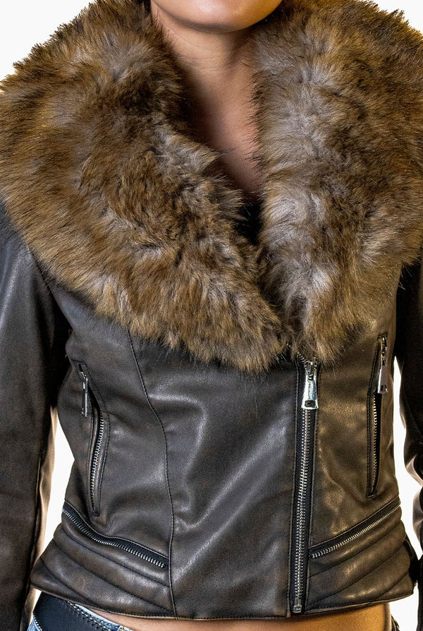 Chamarra PU Cuello Faux-Fur