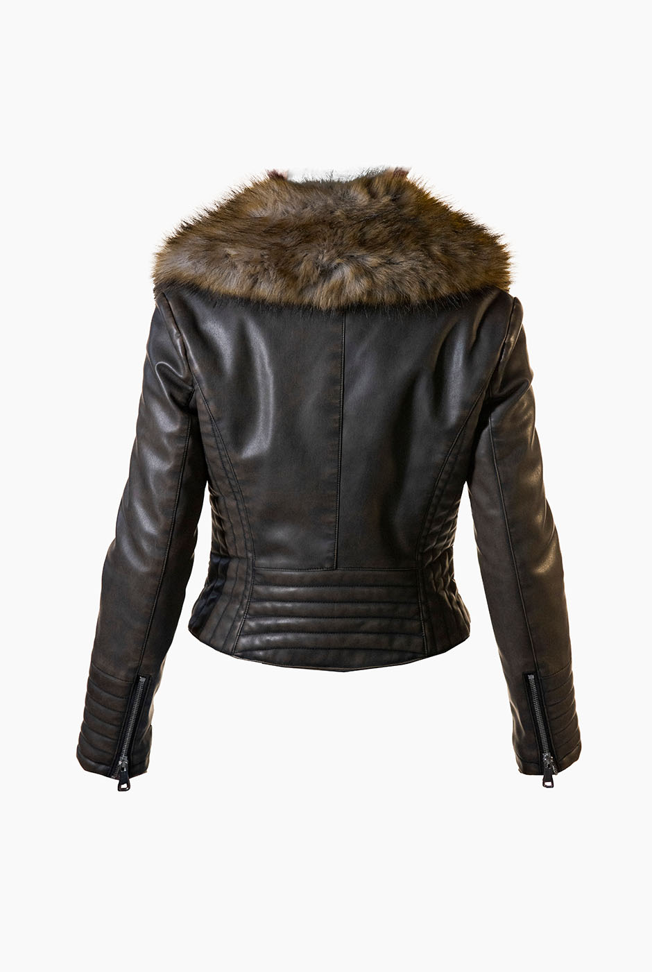 Chamarra biker de ecopiel chocolate con cuello de pelo sintético