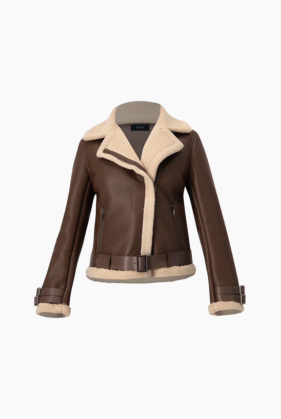 Chamarra biker chocolate en ecopiel con interior teddy y solapa