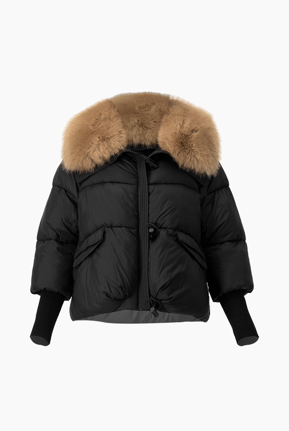 Chamarra negra puffer con cuello de pelo sintético desmontable