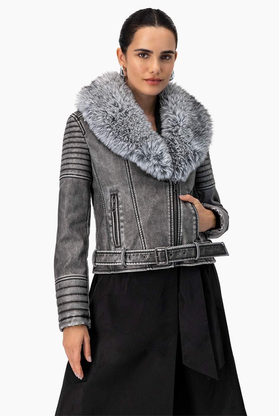 Chaqueta PU Grey de ecopiel con detalles biker y cuello de pelo