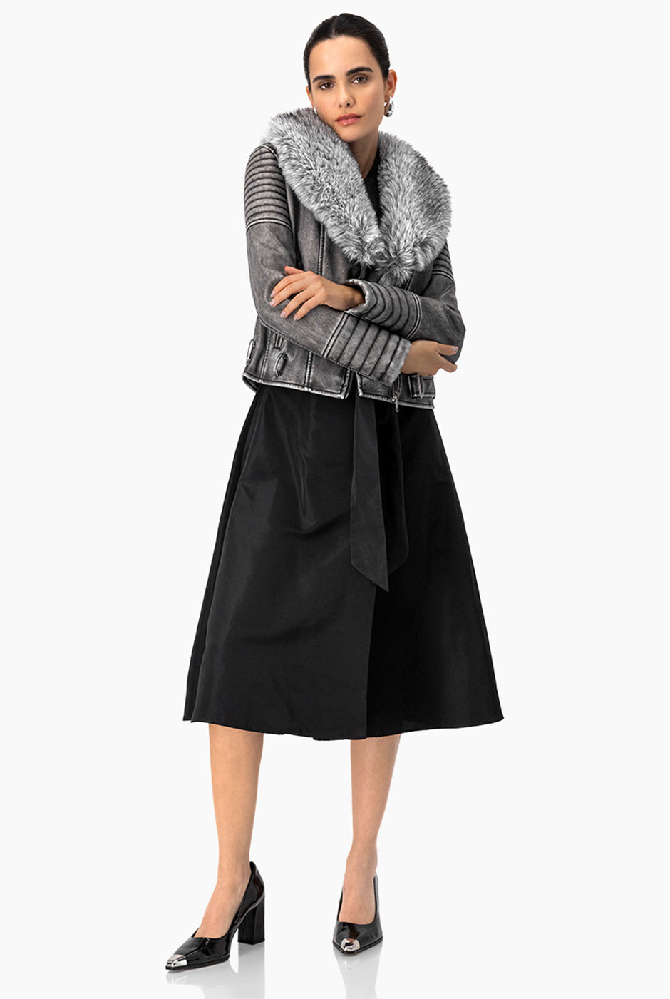 Chaqueta PU Grey de ecopiel con detalles biker y cuello de pelo