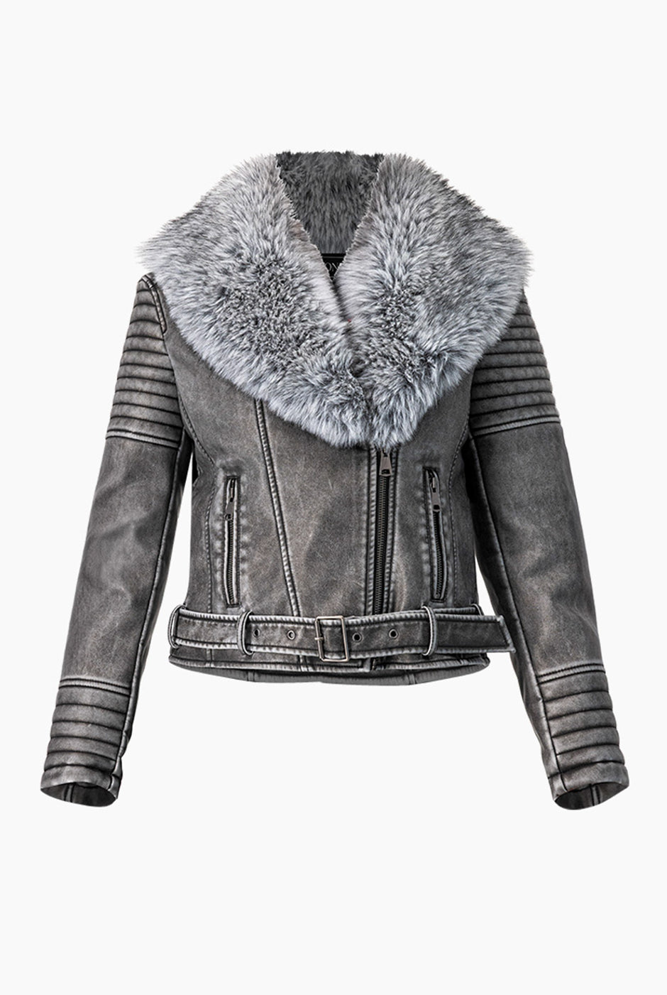 Chaqueta PU Grey de ecopiel con detalles biker y cuello de pelo