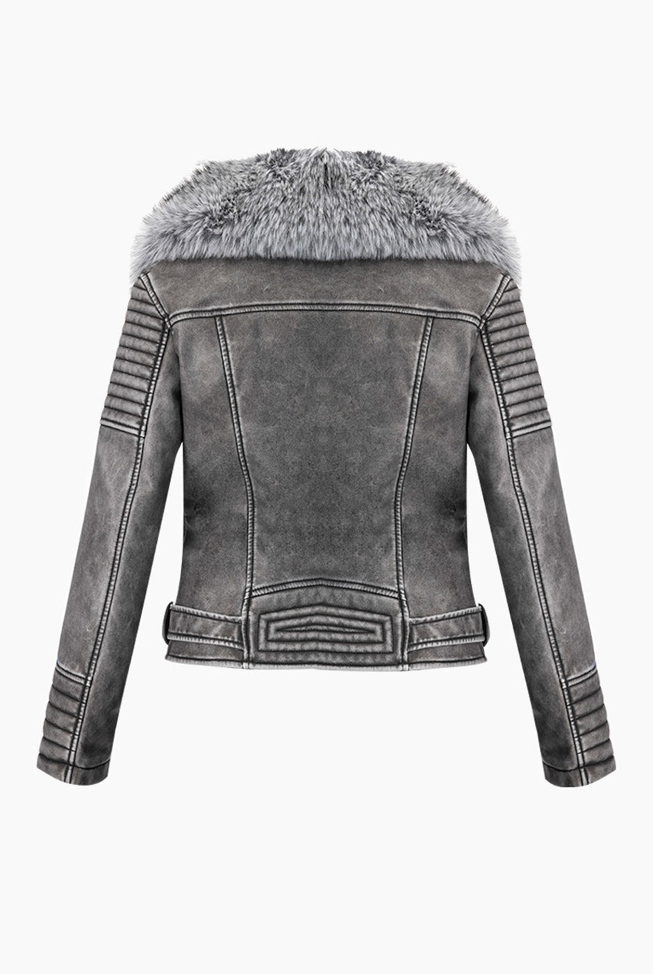 Chaqueta PU Grey de ecopiel con detalles biker y cuello de pelo