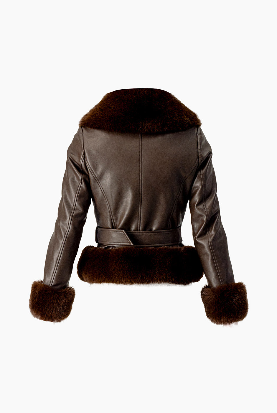 Chamarra biker chocolate con bordes de peluche y cinturón