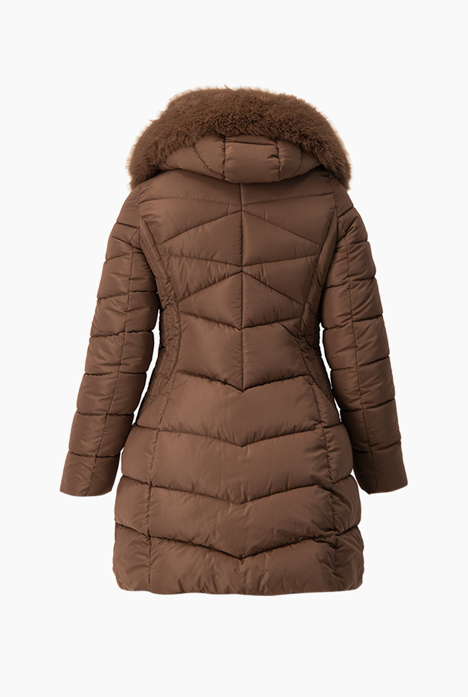 Chamarra capitonada café con capucha desmontable y cinturón