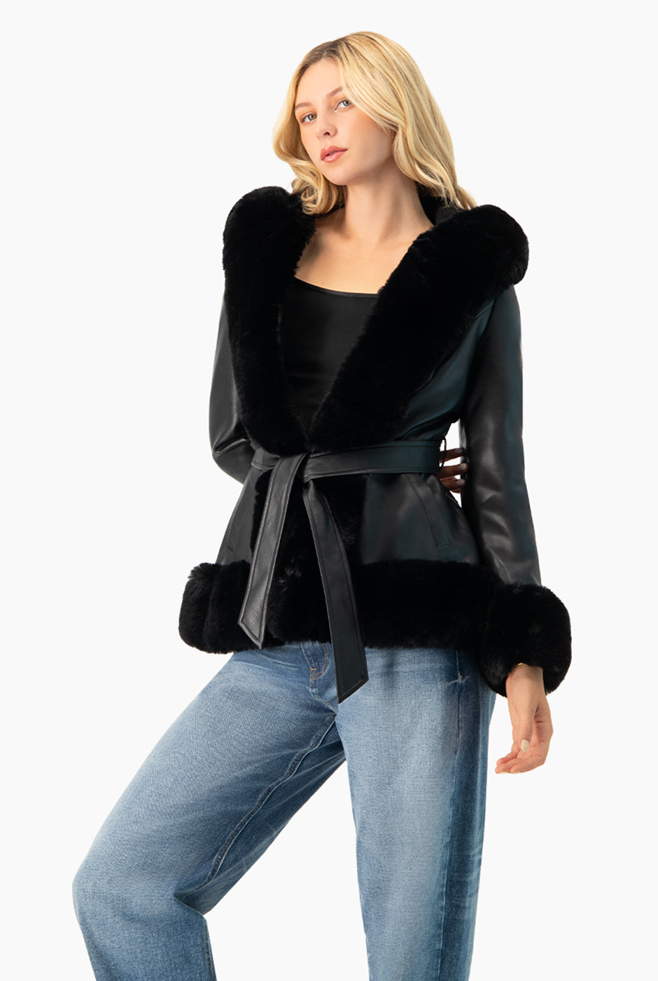 Chamarra biker negra de ecopiel con pelo sintético