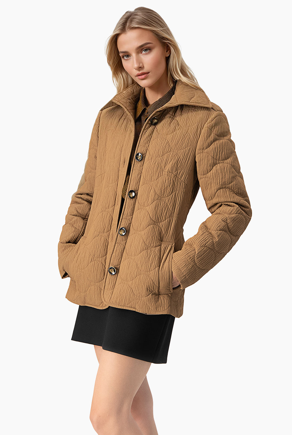 Chamarra cazadora acolchonada café con botones y bolsillos