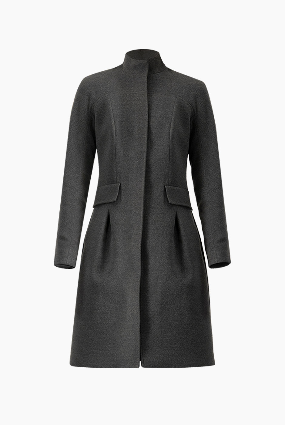 Abrigo largo gris oxford con cierre frontal y cuello alto