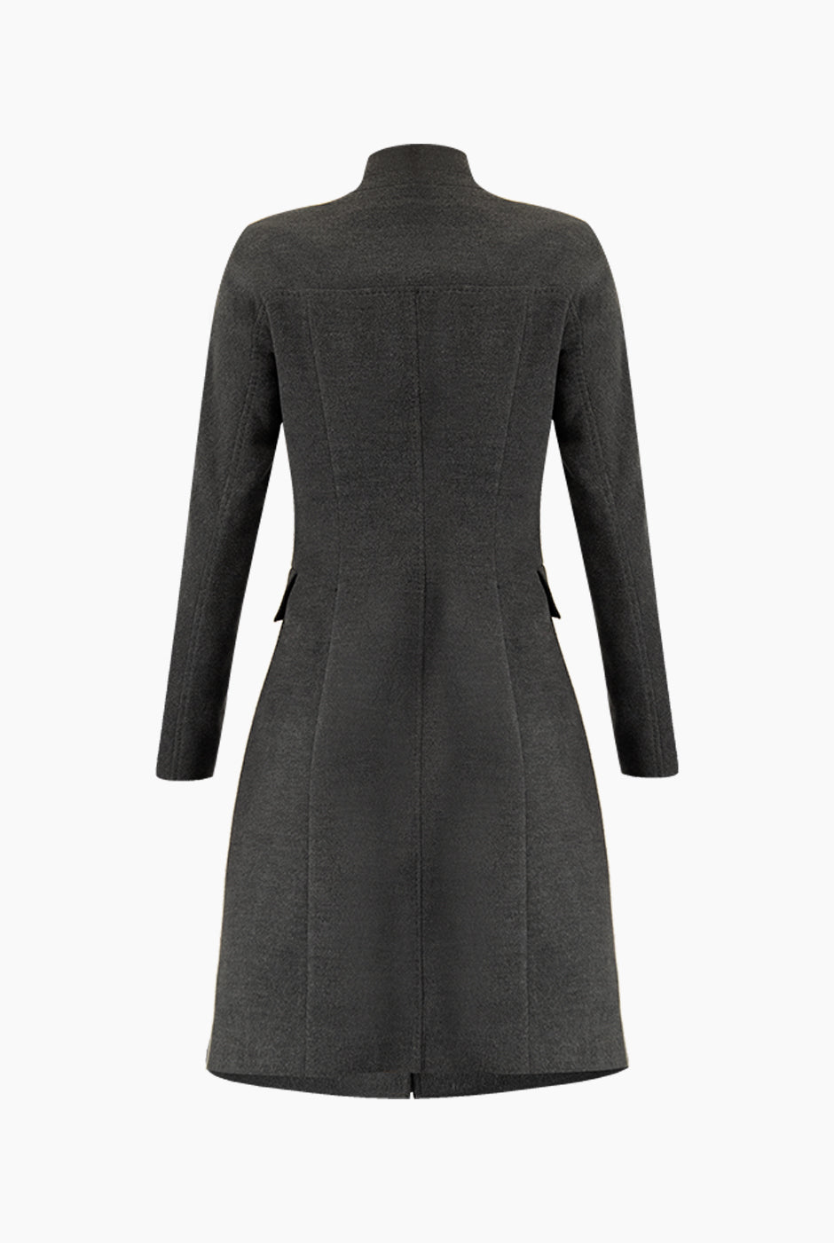 Abrigo largo gris oxford con cierre frontal y cuello alto