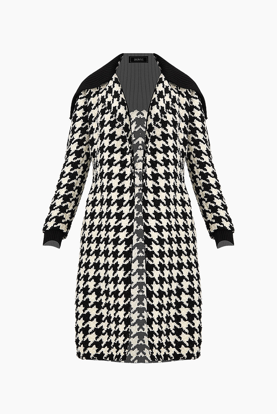 Abrigo cruzado negro con estampado de pata de gallo y detalle de cardigan