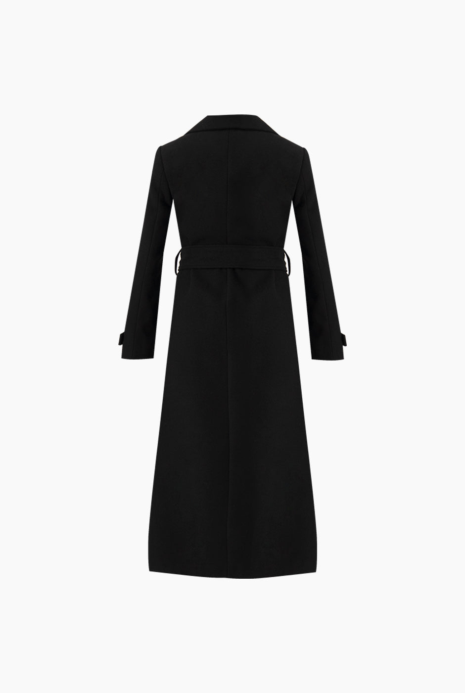 Abrigo largo negro cruzado con cinta y botones frontales