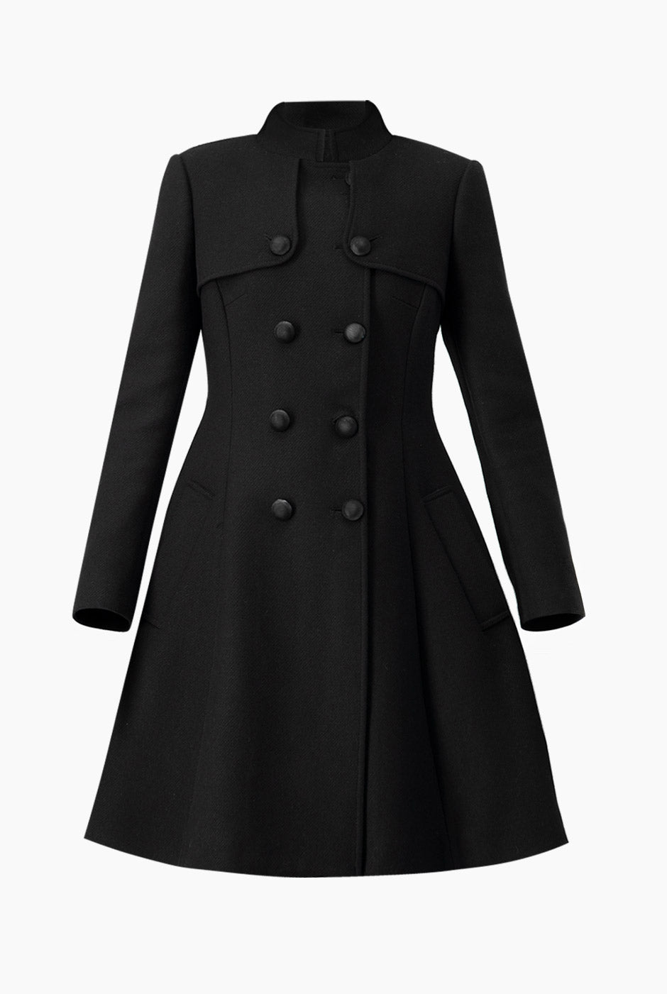 Abrigo negro con doble botonadura y bolsillos laterales