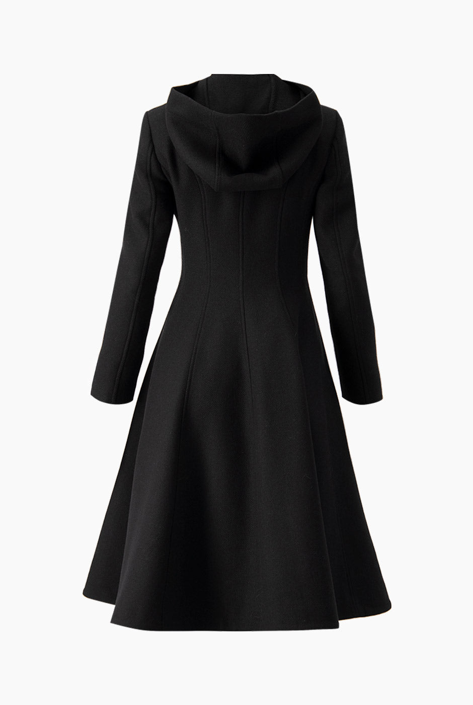 Abrigo largo negro con capucha y botones frontales
