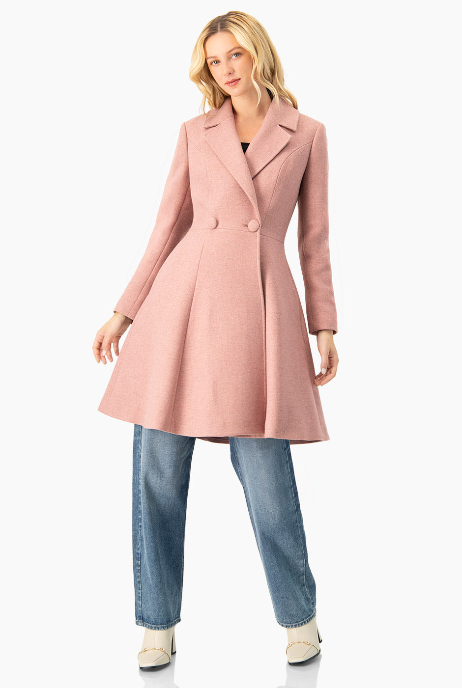 Abrigo largo cruzado rosa con solapa y botones