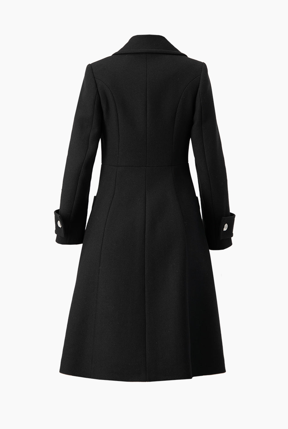 Abrigo largo negro con doble botonadura y bolsillos de parche