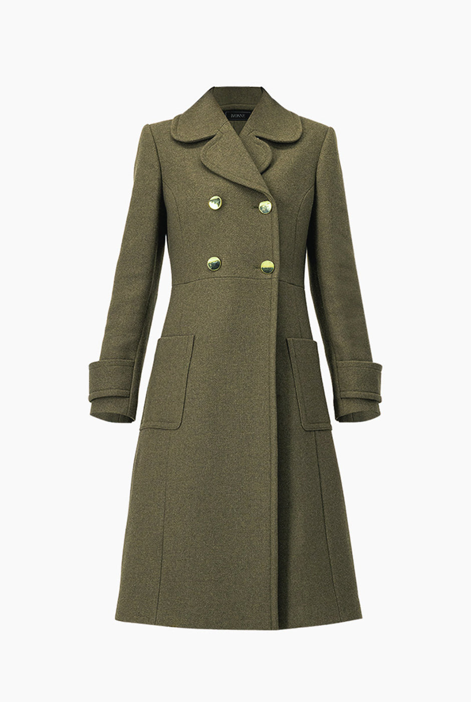 Abrigo largo olivo con doble botonadura y bolsillos de parche