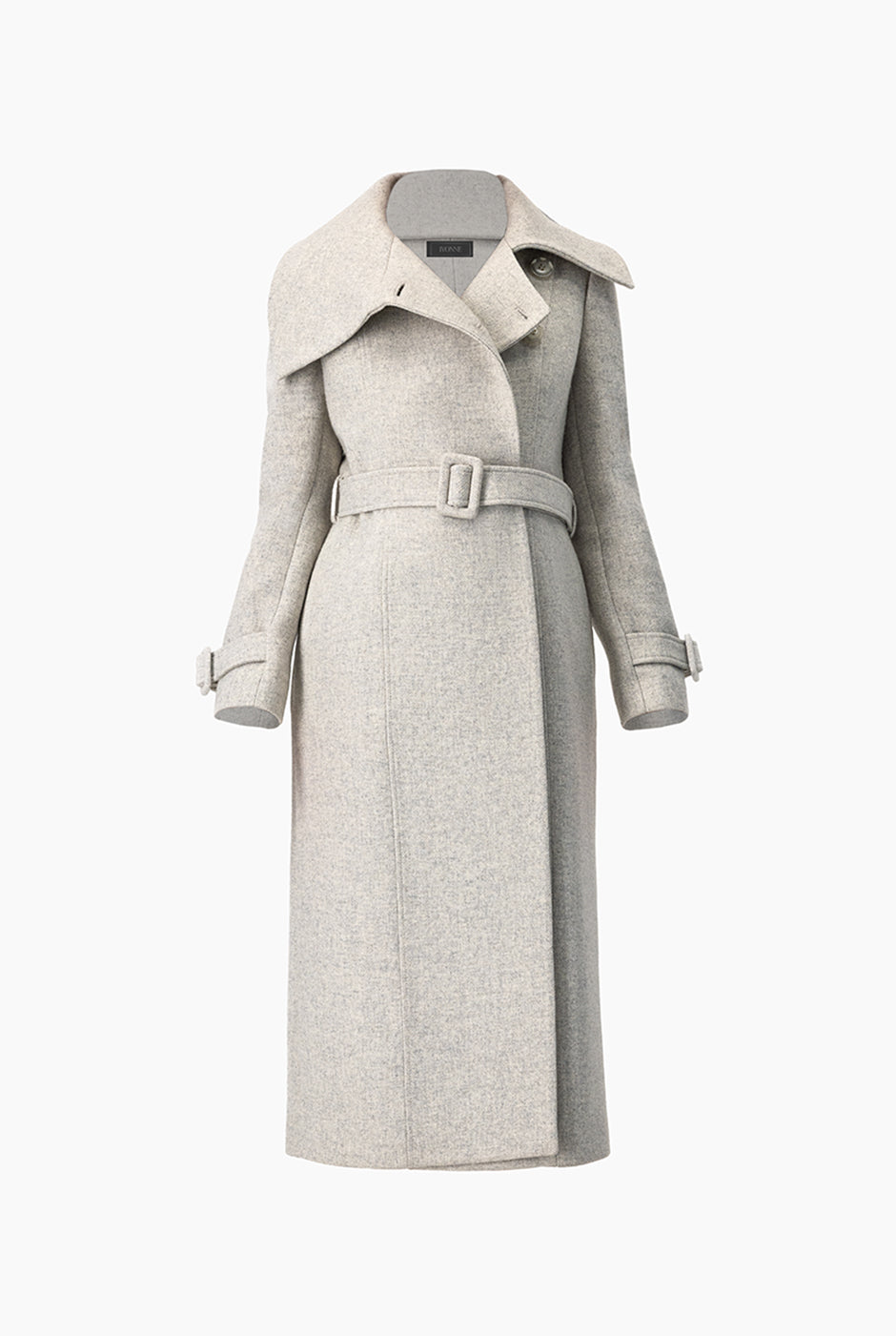 Abrigo largo cruzado gris con cinturón y solapas amplias