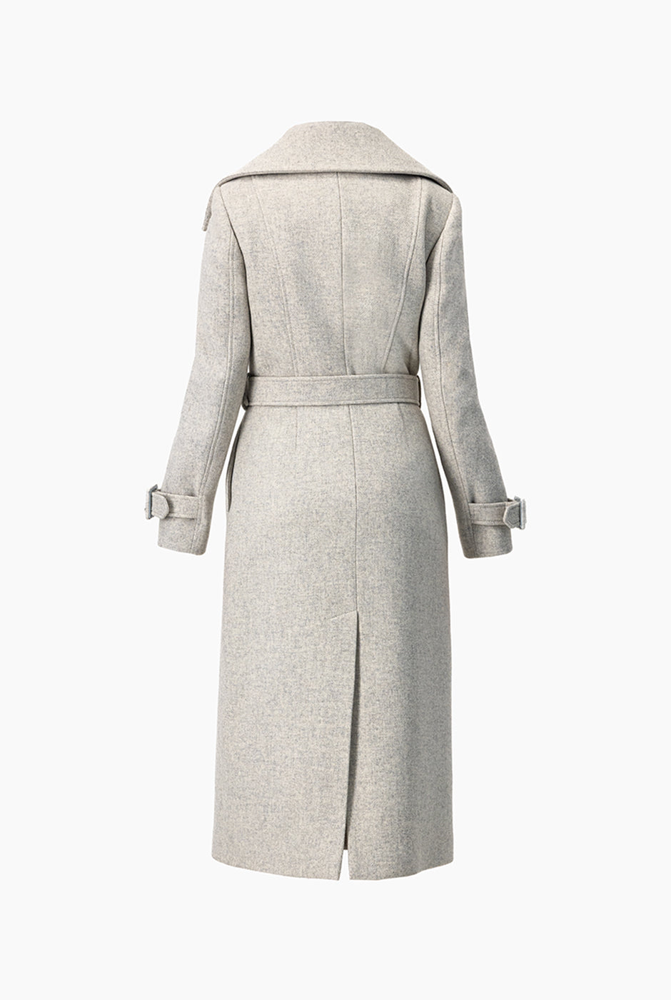 Abrigo largo cruzado gris con cinturón y solapas amplias